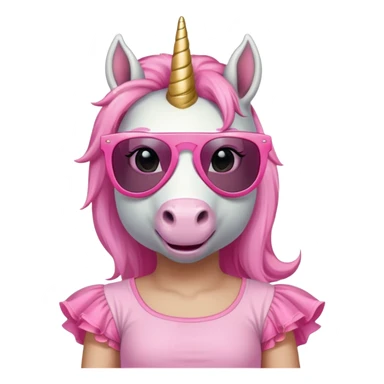 friendly anthropomorphised female unicorn with horse-like face, in tutu and pink t-shirt, wearing dark sunglasses, relaxed pose, close-crop head and shoulders portrait sticker