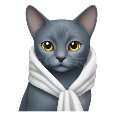 a darker russian blue cat walks hold a towel with his mouth sticker