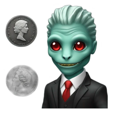Aquamarine reptilian in classic black suite with red laser eyes on the platinum coin sticker