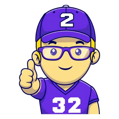 Man with black and white cap, purple sports jersey with number 32, clear glasses, light blond mullet hairstyle, thumbs up gesture, relaxed expression sticker