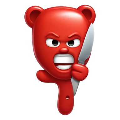 A angry red gummy bear holding a plastic knife sticker