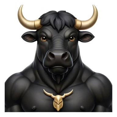 Cinematic Noble Black Bull Portrait Emoji, Poised and regal, with a massive, muscular build and a sleek, well-groomed pure black hide, deep-set soulful dark eyes, Simplified yet sharp and sophisticated features, highly detailed, glowing with a soft, dignified glow, high shine, intelligent and formidable, stylized with an air of strength, focused and attentive, soft glowing outline, capturing the essence of a watchful and confident guardian, so majestic it feels as though it could charge out of the screen with effortless authority! sticker