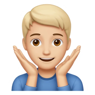 A person with their face in their hands and happy sticker