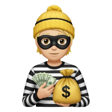 A yellow guy with a black beanie white black striped shirt a black mask for it's eyes and holding a money bag with yellow hair sticker