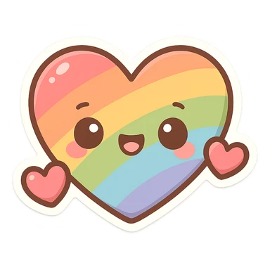 chibi sticker-style rainbow heart with two hearts, cute and exaggerated sticker