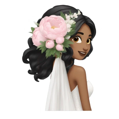  bride with long black hair and with white and pink peonies bouquet in hand  sticker