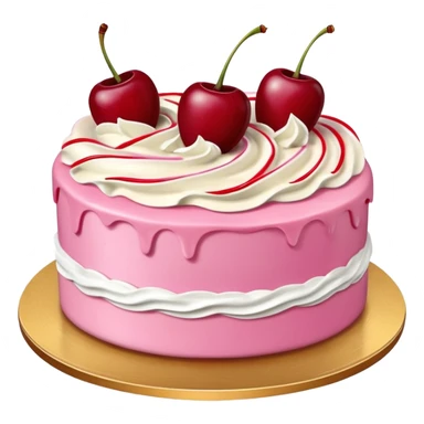 Round pink frosted cake with textured buttercream sides, placed on a gold cake board.
White whipped cream swirls on top, each topped with glossy red cherries with stems, clean studio lighting, isolated background, realistic minimal emoji-style. sticker