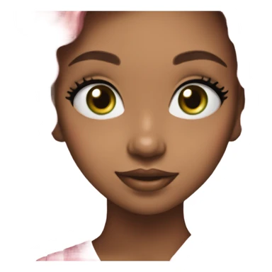 girl with brown hair and green eyes wearing a pink bow in her hair and she is smiling, she has white glitter eyeshadow sticker