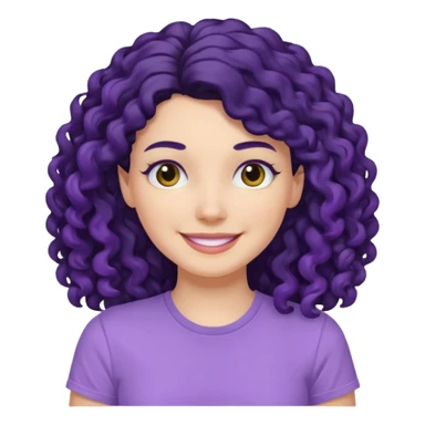 mujer blanca con cabello largo rizado negro sonriendo con camiseta lila sticker