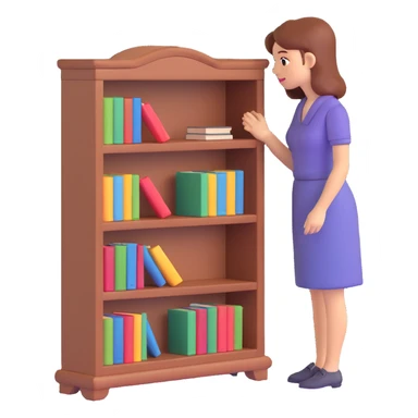 a sad woman looking at a small bookcase sticker