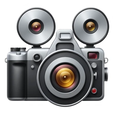 Minimal emoji icon of a huge cinematic metalic camera, front view, realistic lens, no gold sticker