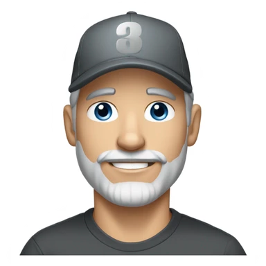 Handsome blue eyed man, with grey hair, and grey goatee beard, wearing ball cap and holding a black long hair chihuahua  sticker