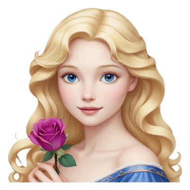 Cinematic Realistic Sleeping Beauty (Aurora) Portrait, with porcelain-like skin featuring a natural rosy flush, illuminated by soft lighting that highlights the gentle contours of her face. Her golden blonde hair flows in soft, detailed waves with subtle highlights that shimmer in the light. Her deep violet-blue eyes radiate warmth and innocence, framed by arched brows and long lashes. With a soft, serene smile, she holds a delicate rose gently in one hand, her other hand resting lightly by her side. She is dressed in her classic pink gown, the fabric rich in texture with delicate folds that catch the light. A golden crown rests atop her head, gleaming with royal refinement. The portrait captures a soft, glowing aura, blending realism with an ethereal sense of beauty and timeless enchantment. sticker