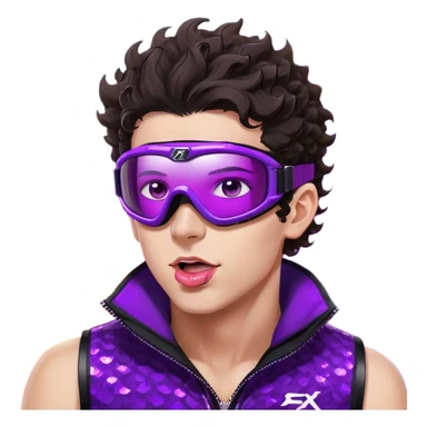 close-up of cool guy male athlete with white skin and moderately curly dark brown hair on top with shaved sides, with one purple ski goggle lens pushed up above his eyes on his forehead, sticking his tongue out of his mouth, a simple plain black chain necklace, and a completely unzipped sleeveless vest with purple and black sequin fire pattern design with no logo sticker
