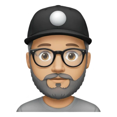 A light skin man with a beard that has grey in the chin. He is wearing wayfair glasses and a black ball cap sticker