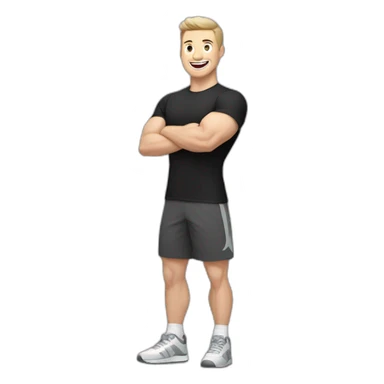 Joyful Celebrating victory Pale skinned Fit Man With the biceps and dark brown hair in black shirt, gray sports shorts and white Sneakers sticker