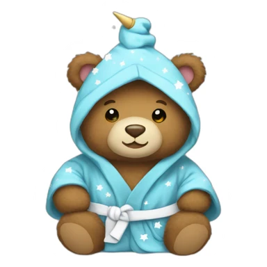 A brown teddy bear wearing a unicorn hooded blue bathrobe with white stars sticker