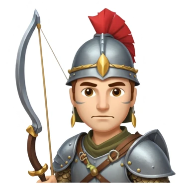 Scythian soldier, ancient warrior, wearing traditional pointed hat and scale armor, holding a bow, simple and expressive emoji style sticker