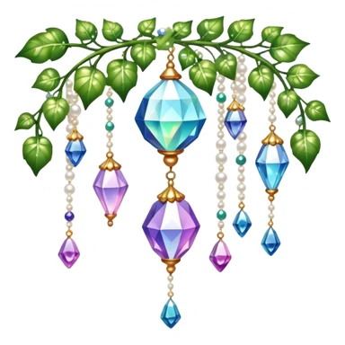 Exotic romantic Few cute tiny Iridescent glistening glossy sparkly shiny glittery hanging crystals pearls and beads and gemstones scenery scenic decorations with ivy and flowers sticker