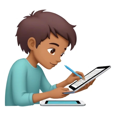 Create an emoji representing fanfiction writing. The design should feature a digital device tablet with visible text, symbolizing the creative process of writing fanfiction. Add a subtle reference to popular fictional characters or universes to indicate the fan aspect. Use a playful, imaginative color palette, blending vibrant tones with soft neutrals. Do not include any emojis or smiley faces. Make the background transparent. sticker