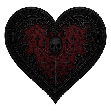 goth heart, black and deep red, ornate lace, subtle skull or cross motif, moody atmosphere, no background sticker