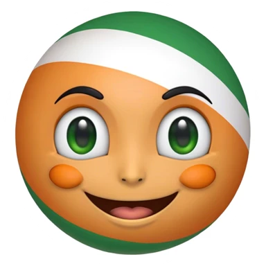 "A 2D-rendered, glossy, spherical emoji with a cheerful smiling face. The sphere is painted with the colors of the Indian flag—saffron on top, white in the middle, and green at the bottom. The emoji has large, shiny green eyes with black pupils, reflecting light for a cute and friendly expression. The background is plain white, making the vibrant colors and glossy texture of the sphere stand out. The overall style is smooth and cartoon-like, with a polished and modern look." sticker