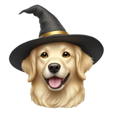 Cream color Golden retriever wearing a wizard hat sticker