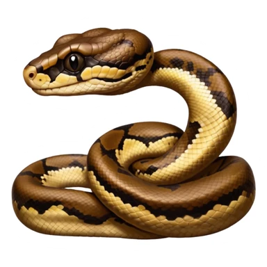 A photo-realistic digital illustration of a Ball Python, chest upward, with a short, rounded head, thick body, and a calm, curious expression. It has a warm brown base color with irregular dark blotches shaped like “alien heads,” and matte-textured scales that emphasize its small, stocky form. sticker