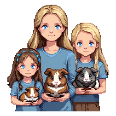 Family portrait with father with dark brown hair and blue eyes, mother with light brown hair and blue eyes, three blonde little girls with blue eyes, plus a grey cat and two guinea pigs sticker