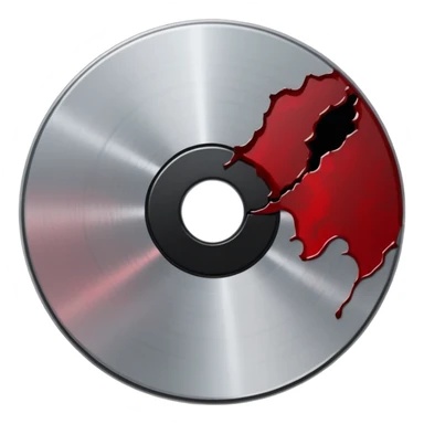 Minimalist emoji-style sticker of a single CD with a sharp crack and a dried blood spot. View from above, black, gray, and muted red.
 sticker