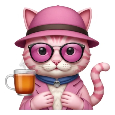 Pink cat with hat, holding cup of tea, wearing sunglasses sticker