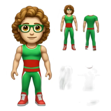 retro 70s red and green gym clothes for a modern white brunette uni male student with glass sticker