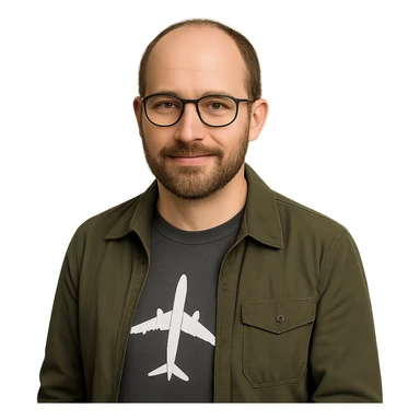 Edit the image to add a little more brown hair to the top with a slightly balding look, make the glasses smaller, keep the lifelike style, show a close trimmed beard, and emphasize an aviation geek theme. Remove the background entirely. sticker