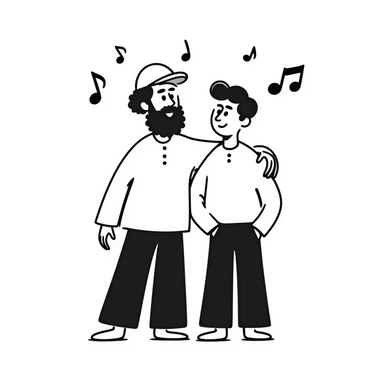 A taller 35-year-old musician with beard and backwards cap with his arm around the shoulder of his shorter, younger 25-year-old musician brother. Both facing forward, smiling. Obvious height difference between them. Music notes floating around and band members celebrating in background. sticker