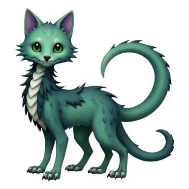 Kawaii spooky dark bleak blackish swampy white-skeletal gloomy ghostly dark greyish dark-deep-greenish foggy eldritch beautiful realistic edgy fantasy ghoul-like stitched feline-vernid-sergal-fursona animal creature with a tufted tail full body with intricate markings  sticker