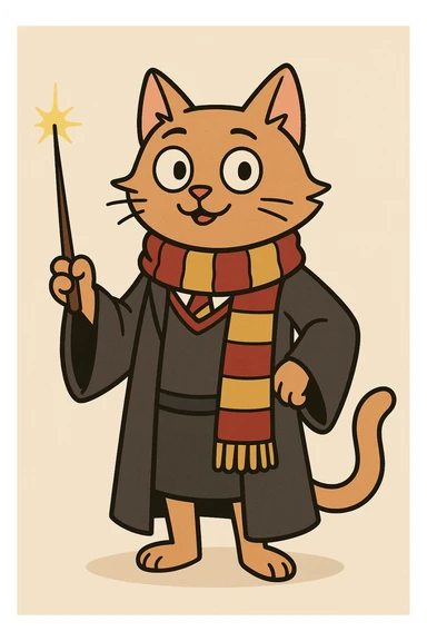 a cat in wizard robes, holding a wand and wearing a Gryffindor scarf, cartoon style, flat toon sticker