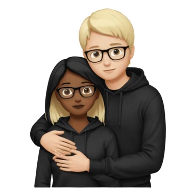 Joven de pelo rubio corto y piel blanca con lentes con poleron negedro abrazando por detrás a una joven de pelo negro largo con partidura al medio, de piel oscura con sus manos en los brazos del joven aceptand su abrazoemoji sticker