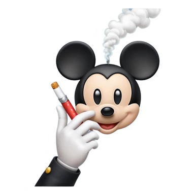 Mickey Mouse style white glove hand holding a cigarette with visible smoke, Apple emoji style sticker