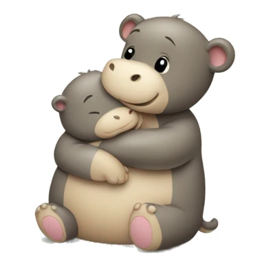 tan teddy bear hugging a baby hippo sticker