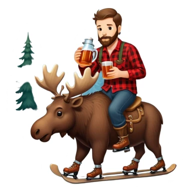Canadian lumberjack man wearing red and black flannel shirt, drinking from a jug of maple syrup, and wearing ice skates, while riding on a moose sticker
