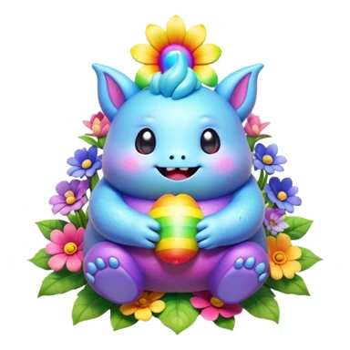 3D, Kawaii derpy fat rainbow monster sitting in a magical rainbow hued flower, rich textures, visually detailed, so lifelike that it feels like it could leap off the page at any moment sticker