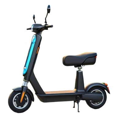 An icon featuring a sleek electric scooter parked on a scenic path. The background showcases a vibrant city park with green trees, flowers, and a clear blue sky. The sun sets in the distance, casting a warm golden glow on the landscape. Transparent background sticker