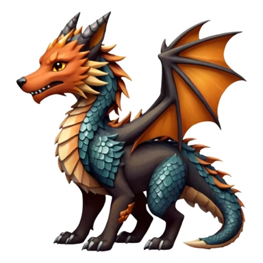 Majestic wolf-like dragon with red sandstone scales and layered plates resembling canyon rock formations. Crystallized mineral mane with copper and gold hues runs down its neck and back. Obsidian claws, amber eyes, and a tail of stone spires. Pokémon style. sticker