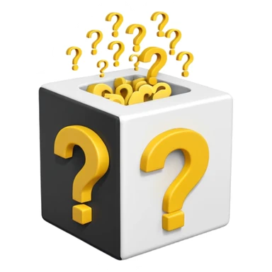 white cube shaped box printed with "q&a" over stuffed with yellow question marks sticker