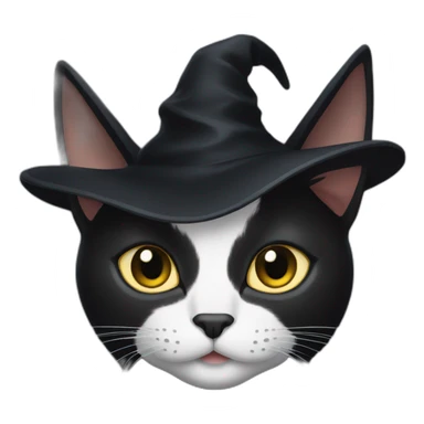 Black cat with white snout with a black witch hat google emoji sticker
