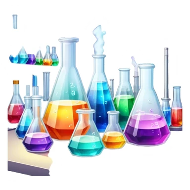A set of colorful growing crystals in various stages of development, surrounded by beakers and jars with chemical solutions. Light shining on the crystals creates a dazzling glow. Background of a clean, well-lit workspace with scientific tools and equipment. Transparent background. sticker