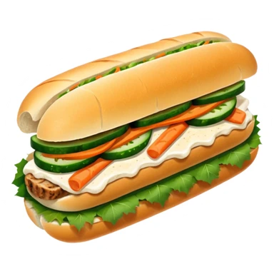 traditional banh mi with char grilled pork emoji 


    Very crusty baguette

    Mayo 

    Pickled carrot 

    Cucumber, coriander/cilantro, green onion, chilli 
 sticker