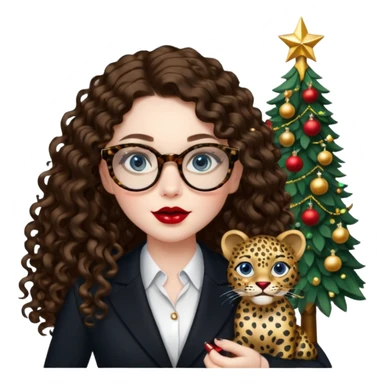 A girl with white pale skin, blue eyes, full lips, brunette long curly hair. She has a leopard print round-ish shaped glasses. She is wearing a all black suit. And she has red lipstick. She is putting gold ornaments happily to a christmas tree. sticker