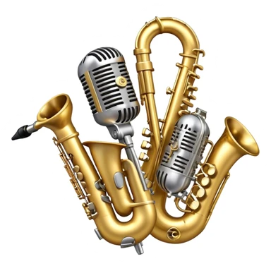 Create an artistic and dynamic emoji representing jazz vocal performance, featuring a vintage microphone as the central focus. Surround the microphone with traditional jazz instruments, such as a saxophone, trumpet, and upright bass, arranged in a harmonious, flowing design. Add musical notes and sound waves emanating from the microphone to symbolize the improvisational and expressive nature of jazz vocals. The instruments should have a polished, classic appearance with metallic gold and silver accents. Use rich colors like deep black, gold, and burgundy to evoke the sophisticated and soulful atmosphere of a jazz club. The background should be transparent. sticker