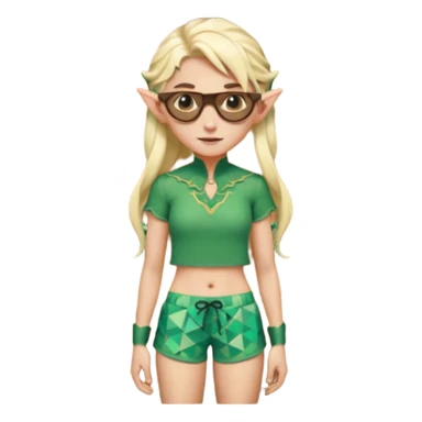 elf female legolas portrait, patterned board shorts (geometric/abstract), unique wooden-framed sunglasses, undercut hairstyle, slight smirk, visible pointy ears, no background, centered emoji, hipster summer vibe sticker